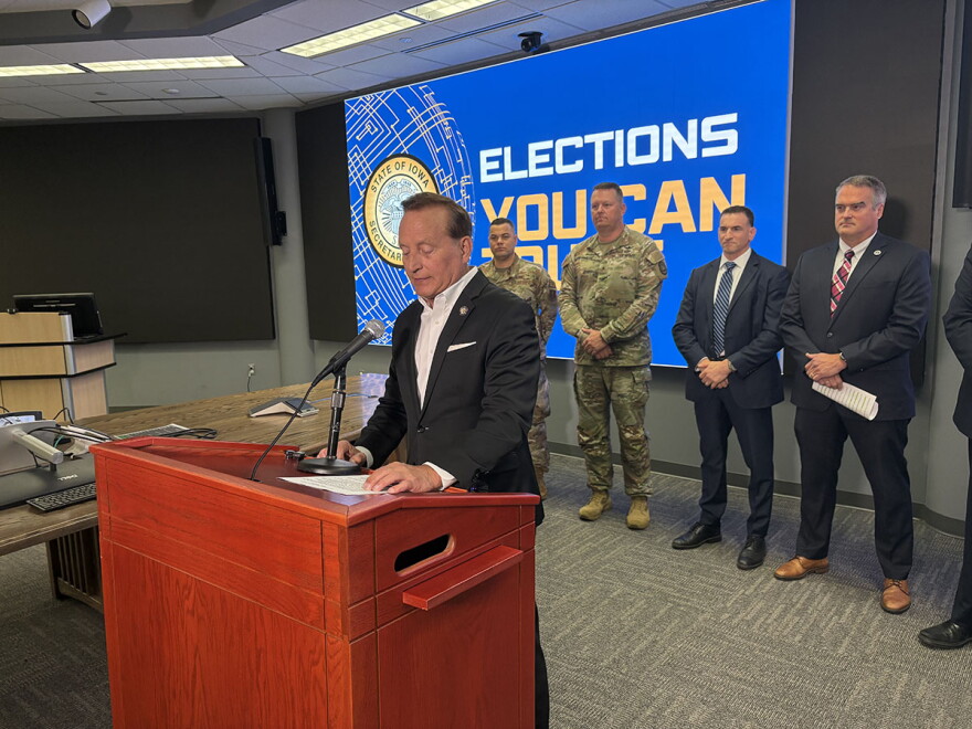 Iowa Secretary of State Paul Pate speaks during an election security briefing.