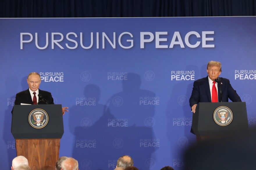 Russian President Vladimir Putin and President Trump speak after meeting at Anchorage's Joint Base Elmendorf-Richardson on Friday, Aug. 15, 2025.
