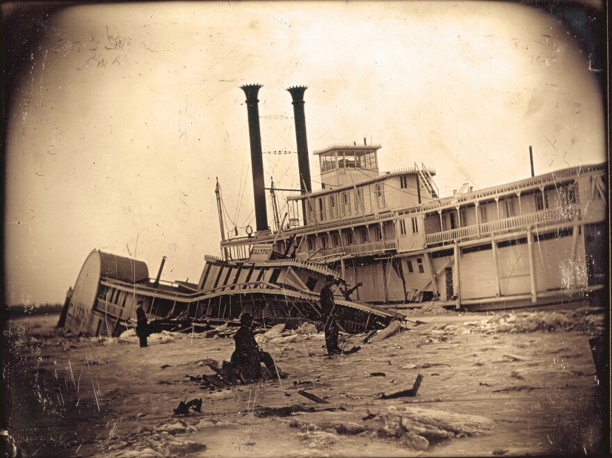 The steamer Calypso sank in the Mississippi River near St. Louis in 1865, a scene captured in "Scenes of Historic Wonder."