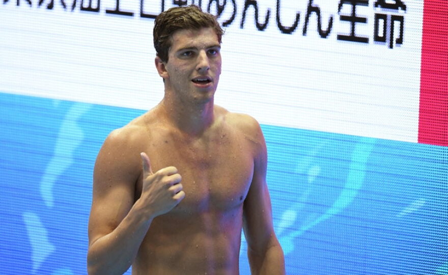 2019 IU grad Zach Apple on the deck at the Tokyo Olympics.