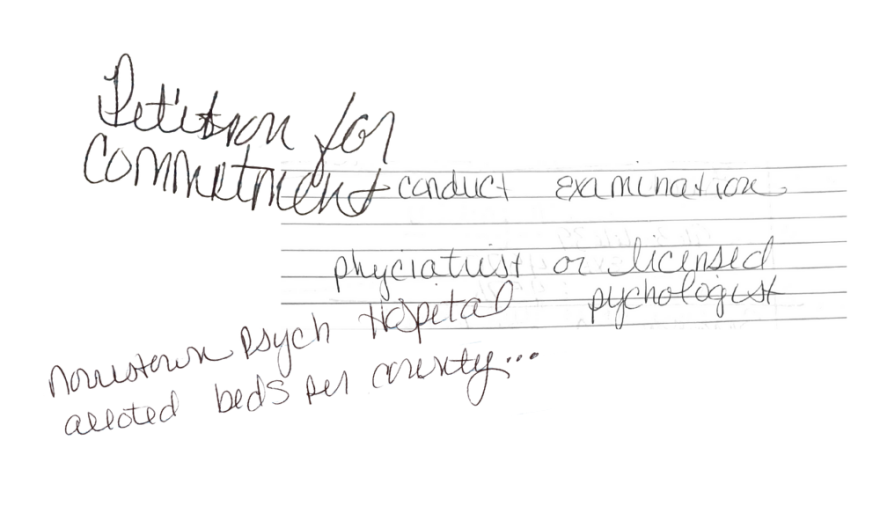 Handwritten messages layered over each other. The messages say Petition for Commitment, conduct examination, phyciatrist (sic) or licensed pychologist (sic), Norristown Psych Hospital alloted (sic) beds per county…