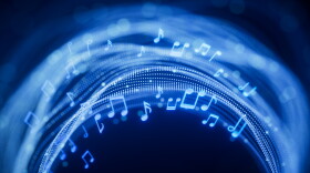 Music notes and glowing neon lines, 3d rendering. 3D illustration.