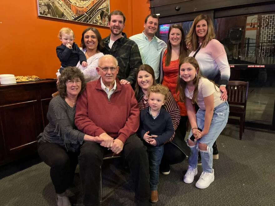 Former Belleville Mayor Mark Eckert, seated, and his wife, Rita Eckert, left, pose with family members at his 67th birthday party on Sunday at Cutter’s Bar & Grill in Belleville.