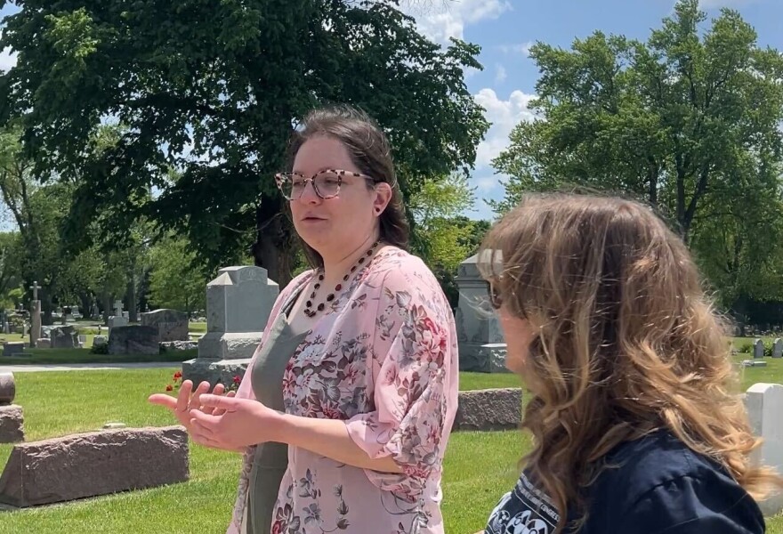 Question asker Brenna Akert with Joy Powers, outside Holy Trinity Cemetery, now a part of St. Adalbert's Cemetery.