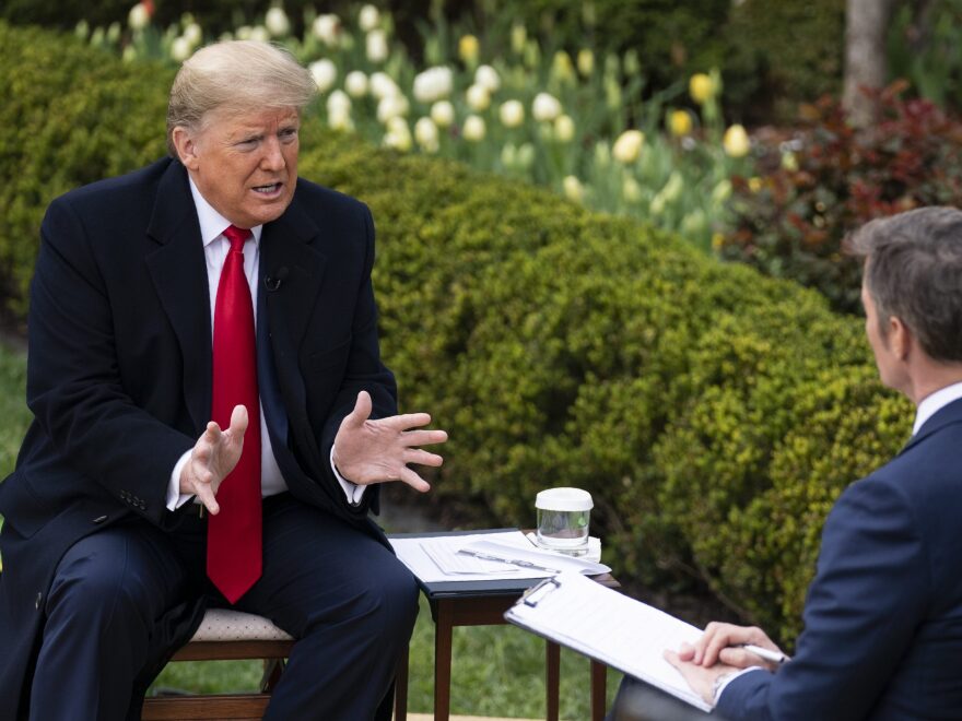 President Donald Trump talks with host Bill Hemmer Tuesday during a Fox News virtual town hall with members of the coronavirus task force at the White House.