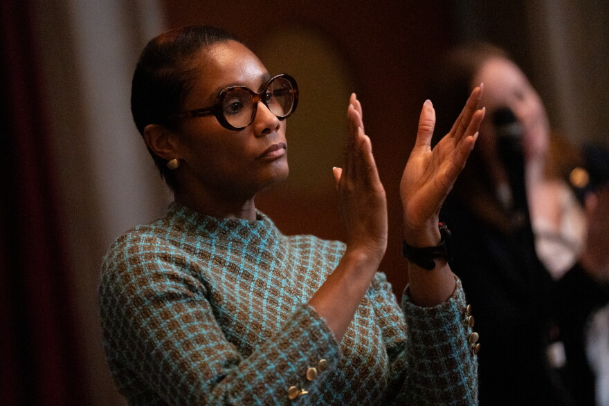 Then-Missouri State Rep. Raychel Proudie, D-Ferguson, applauds as Missouri Gov. Mike Kehoe gives his State of the State address on Tuesday, Jan. 28, 2025, at the Capitol in Jefferson City.