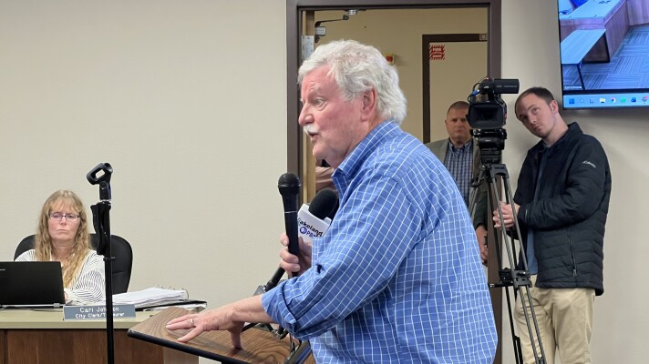 North Star Manganese CEO Rick Sandri answers questions about a preliminary economic assessment for a potential underground manganese mine at a Nov. 12, 2025, Emily City Council meeting at Emily City Hall.