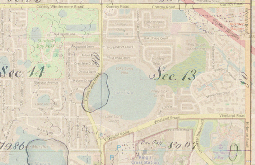 The waterbody known today as Lake Cane appears on Florida maps dating back to at least 1849, as seen on this image of a circa-1849 map overlaid onto a present-day map.