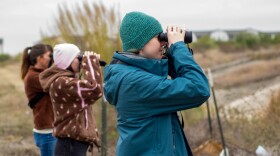 Three people in winter clothing hold up binoculars and look into the distance. 