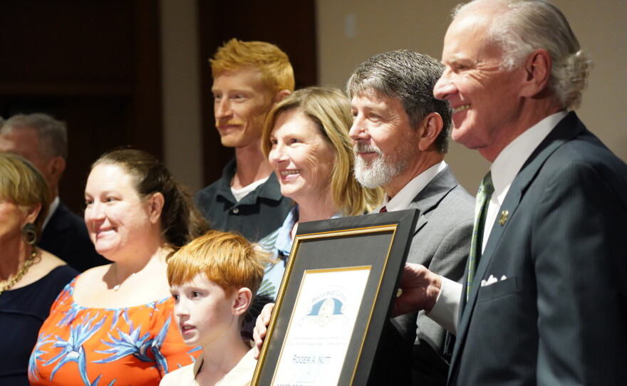 Former Spartanburg Republican Sen. Roger Nutt received the Order of the Palmetto from Gov. Henry McMaster on Tuesday, Sept. 8, 2026, at the Spartanburg County Courthouse.