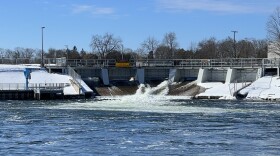 The Cheboygan River Dam's sea lamprey trap can hold up to a thousand lamprey. When sea lamprey are returning to the river to spawn in the spring, the trap needs to be emptied multiple times a day. The blue crane [on the far left] by the dam is used to lift the trap out of the water.