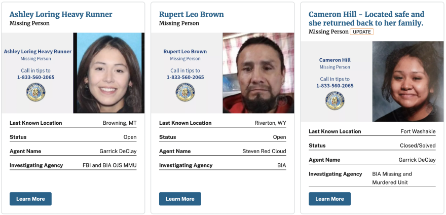 Missing people listed on the Bureau of Indian Affairs’ missing and murdered open cases website.