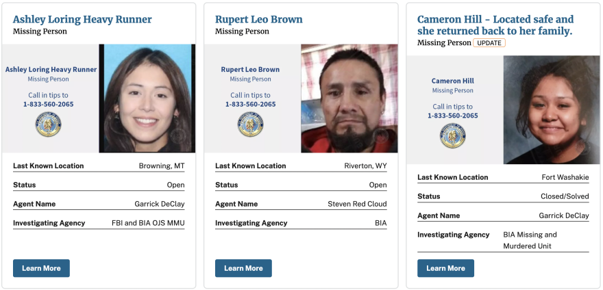 Missing people listed on the Bureau of Indian Affairs’ missing and murdered open cases website. 