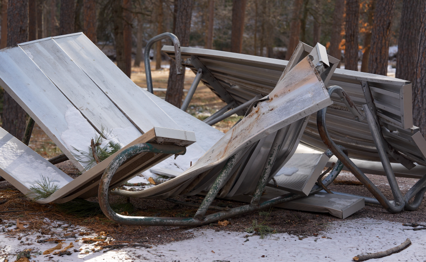 A damaged picnic table at Center Lake Campground in Custer State Park.