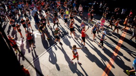 Runners cross the finish line in Central Park at the New York City Marathon, Sunday, Nov. 2, 2025, in New York. (AP Photo/Angelina Katsanis)