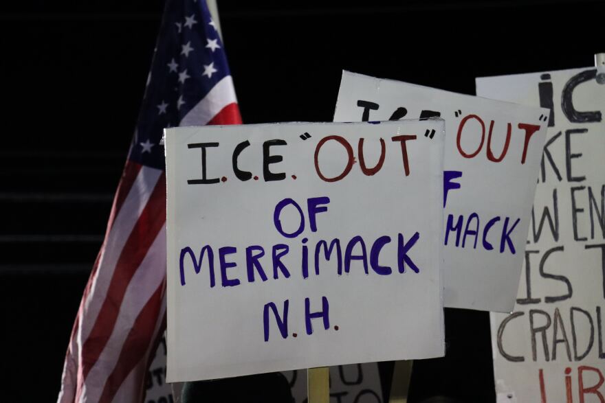 Protesters outside Merrimack Town Hall in Merrimack, New Hampshire, on Jan. 8, 2026 to oppose a proposed Immigration and Customs Enforcement detainee facility in town.