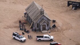 FILE - This aerial photo shows the movie set of "Rust," at Bonanza Creek Ranch, Oct. 23, 2021, in Santa Fe, N.M. A New Mexico judge is considering whether to dismiss a grand jury indictment against actor Alec Baldwin in the fatal shooting on the set of a Western movie, at a scheduled court hearing on Friday. (AP Photo/Jae C. Hong, File)