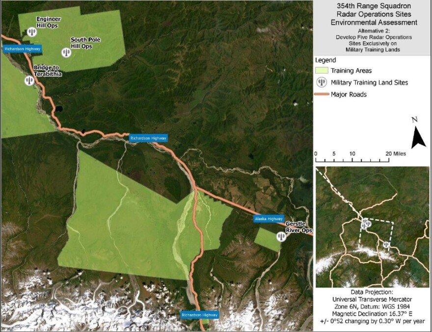 Three of the Air Force's proposed radars would be built in Army-managed areas and one on Air Force land. The other five would be built on Birch Hill, in the Fairbanks North Star Borough, and four on lands managed by the State of Alaska on Pogo Hill, Quartz Hill, Dry Creek and Tok Hill.