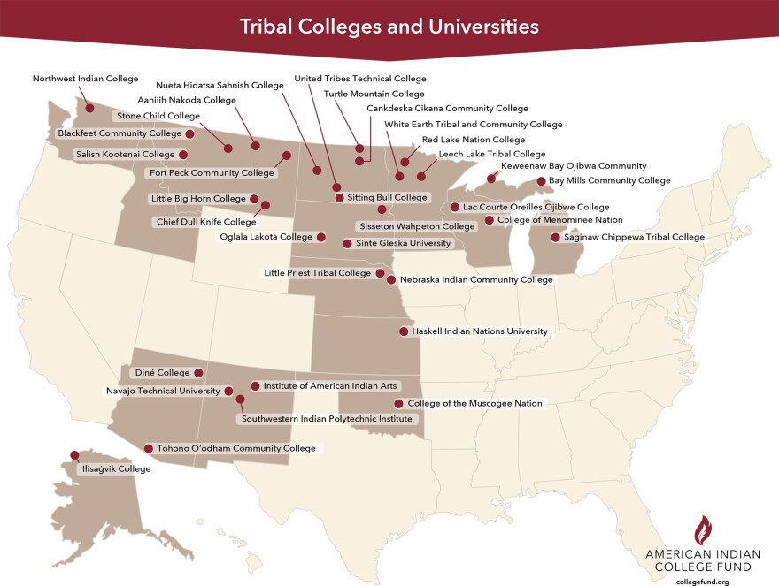 A map from the American Indian College Fund shows the location of all Tribal Colleges and Universities in the U.S.