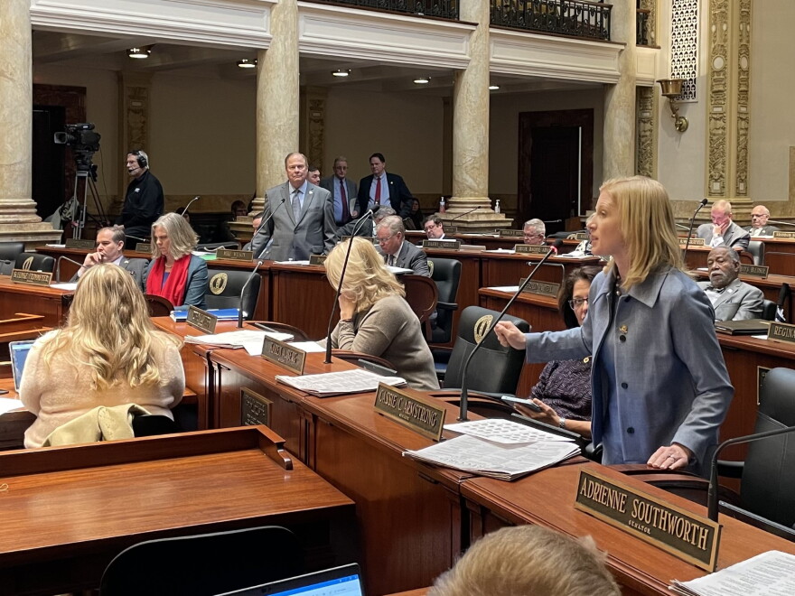 Louisville Democratic Senator Cassie Chambers Armstrong in the forefront-Standing behind-Bowling Green GOP Senator and Bill Sponsor Mike Wilson