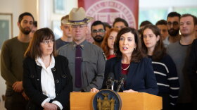 Gov. Kathy Hochul speaks at Cornell University Monday, October 30, following a roundtable discussion with students. At left is Cornell University President Martha Pollack.