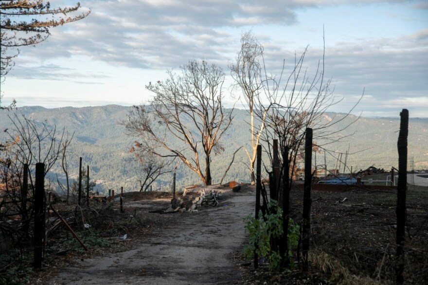 A scorched property overlooks Foreman Creek in Bonny Doon on Dec. 15, 2020. The small community near Santa Cruz was ravaged by the CZU Lightning Complex Fires in August.