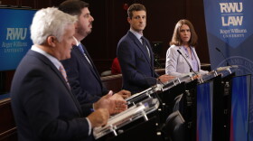 Jason Knight, Joe Solomon Jr., Keith Hoffmann and Kim Ahern square off during a WPRI debate last month at Roger Williams University Law School. Credit: Corey Welch/WPRI 12.