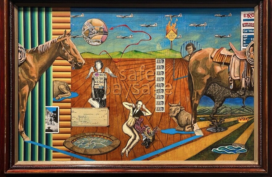 Safe Paysage, an acrylic, charcoal, and collage on board piece by Jeff and Bryan Wheeler. The gallery will be open 11 a.m.- 5 p.m. weekdays through Feb. 28.