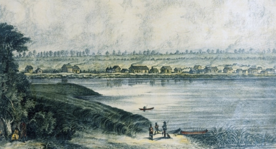 Peoria was settled as a French fur trading outpost in 1691 under the direction of the French explorer Henri de Tonti. The first Americans settled here in 1819. The village was first officially incorporated as a town on July 18, 1835. At that time, the settlement looked much like this view which was originally drawn in August 1831 by John M. Roberts. This colored reproduction was created later by Charles Overall.