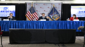 Gov. Andrew Cuomo gives his daily briefing Wednesday in Watertown, which is in one of the regions of the state that is now authorized to begin a partial economic reopening. 