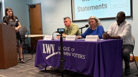 The Alachua City Commission candidates vying for Seat 3, from left to right, Bill Menadier, incumbent Danya Williams and Jackson Youmas at a League of Women Voters forum Saturday, April 4, 2026. (Alyssa Britton-Harr/WUFT News)