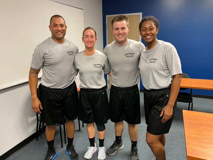 (from left) Cadets John Brown, Elaine Hurd, Austin Watson, and Dejanay Drummonds stop their rigorous training regimen to talk to WVXU.