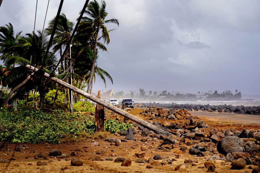 Damage caused by Hurricane Lowell is seen on Tuesday, Sept. 8, 2026 in Poʻipū on Kauaʻi's south shore, in Hawaiʻi.