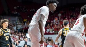 Alabama center Charles Bediako (14) cheers to his teammates after a score against Missouri during the second half of an NCAA college basketball game Tuesday, Jan. 27, 2026, in Tuscaloosa, Ala. (AP Photo/Vasha Hunt)