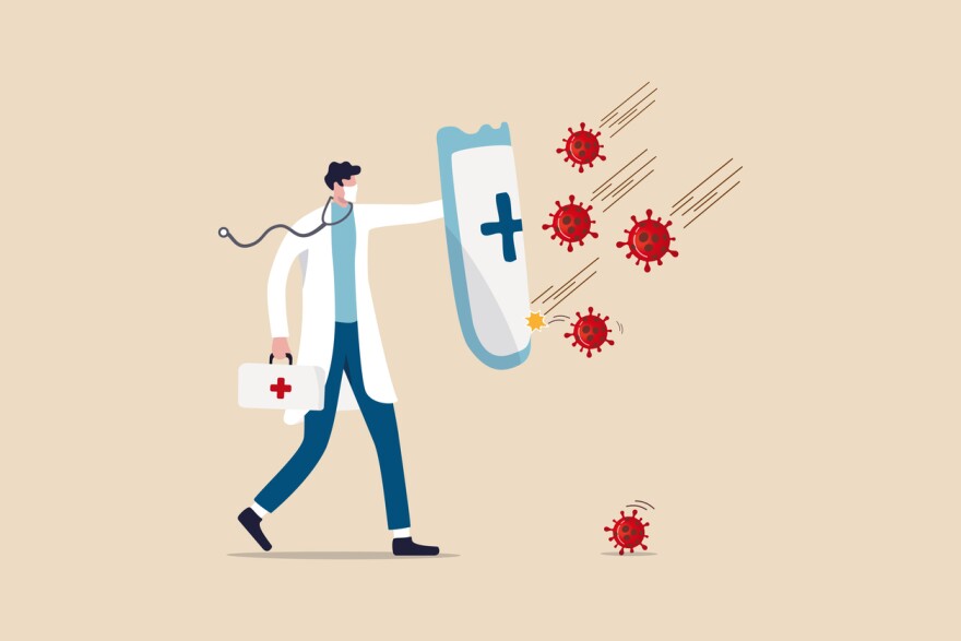 An illustration of a doctor holding a shield to protect against coronavirus pathogens. 