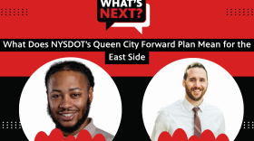 Red background with a thick black stripe in the middle. In the top corner is "EPISODE 342" in white text. then, centered from top to bottom, is: What's Next? logo, "What Does NYSDOT's Queen City Forawrd Plan Mean for the East Side", then photos of Taje Jenkins-Jones and Ryan Whalen with their names underneath.