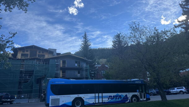 A RFTA bus is parked near the Rubey Park Transit Center in downtown Aspen.