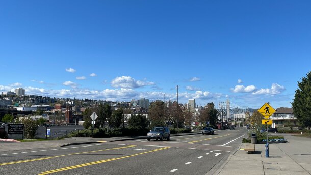 A crosswalk heading in to downtown Tacoma.