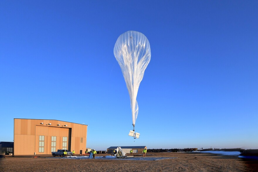 A Thunderhead system consists of a balloon, flight control unit, solar panels and battery. Once the balloon reaches the stratosphere, it changes from a teardrop to a pumpkin shape.