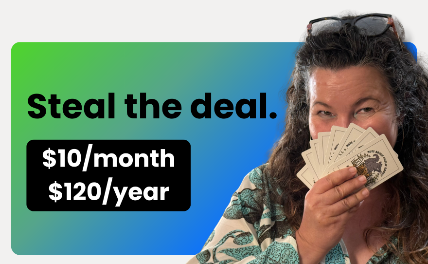 blue and green gradient with a white woman hold several playing cards in front of her face.