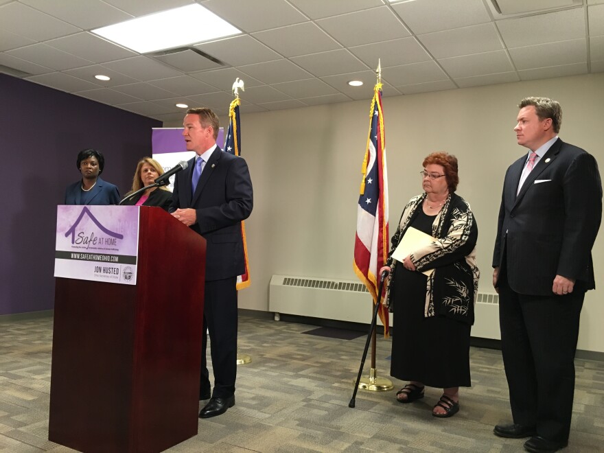 photo of State Senator Sandra Williams, Linda Johanek - CEO Domestic Violence & Child Advocacy Center, Secretary of State Jon Husted, Nancy Neylon - Executive Director Ohio Domestic Violence Network, State Representative Mike Duffey