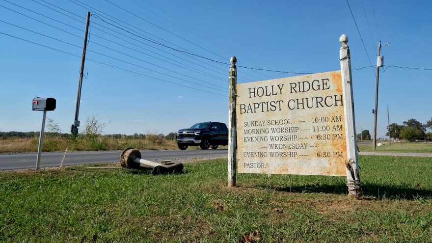 A mailbox lies on the ground in front of Holly Ridge Baptist Church on Thursday, October 16, 2025, in Holly Ridge, Louisiana. The church is directly across the street from the construction site of “Hyperion,” Meta’s data center currently under construction.