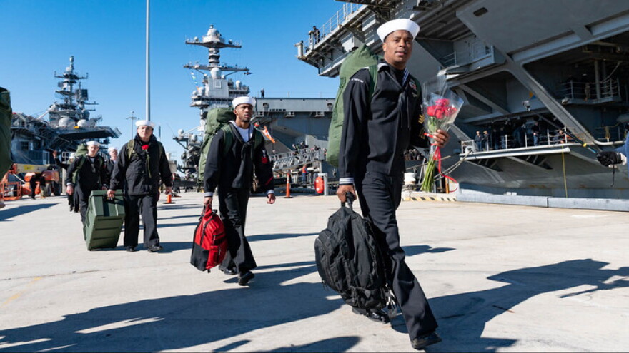 Sailors from the USS Gerald R. Ford arriving in Norfolk. Jan. 17, 2024. Zach D. Roberts
