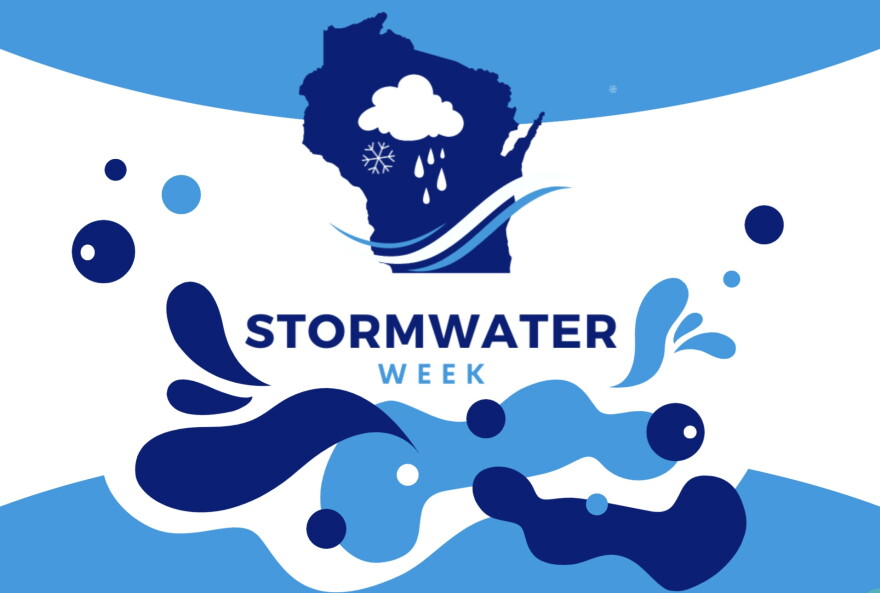 Blue shapes of water, plus one shaped like Wisconsin, on an ad for Stormwater week