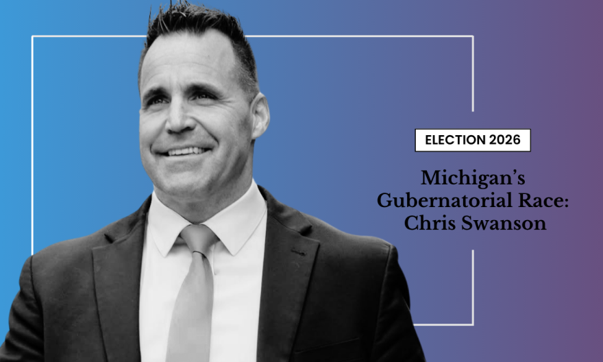 A black and white photo of Chris Swanson wearing a jacket and tie superimposed over a blue and purple background with an Election 2026 graphic at the side 