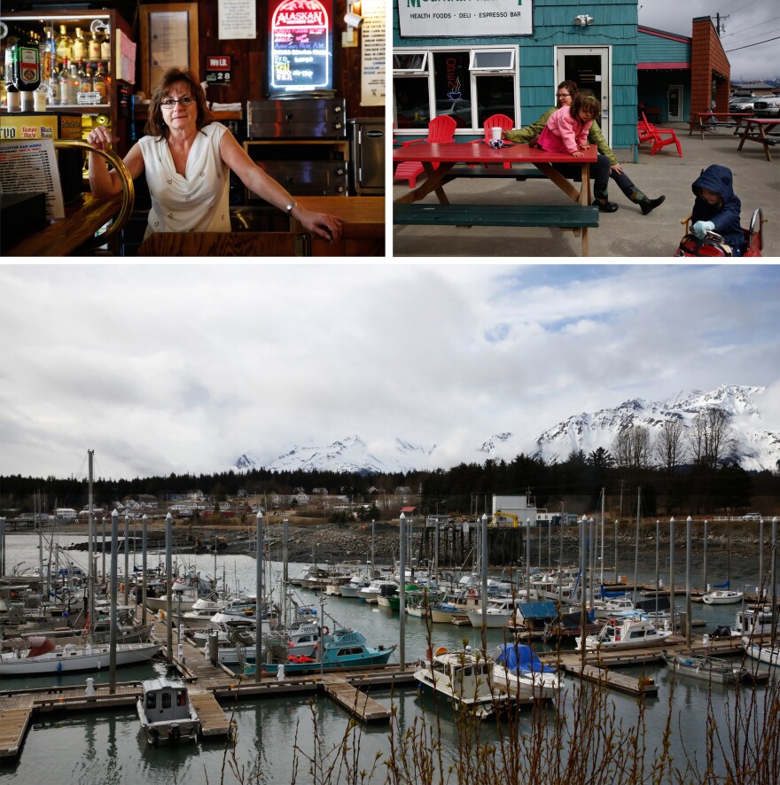 Top left: Carole Ridge, a bartender at the Fogcutter bar. Top right: Candice Mustard-Scott, with her daughter, Ella, and a friend. Bottom: The harbor in Haines.