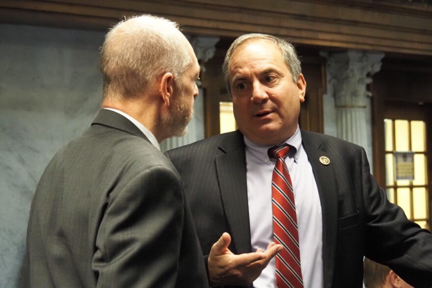 Sen. Mike Bohacek, right, talks to Sen Greg Walker, R-Columbus, on the Senate floor on Jan. 23, 2025.