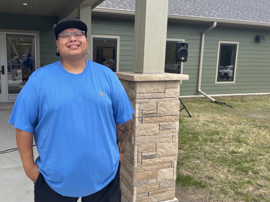 Homeless Services Program Manager Kenneth Thompson (Standing Bear) poses outside the Niishooshimeyag Wigwam (Two Sisters Lodge) Bena Shelter in Bena on Aug. 26, 2026.