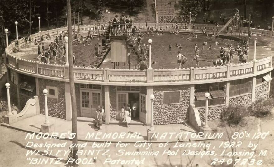 archival photo of Moores Park Pool with crowds of people lining up for diving boards