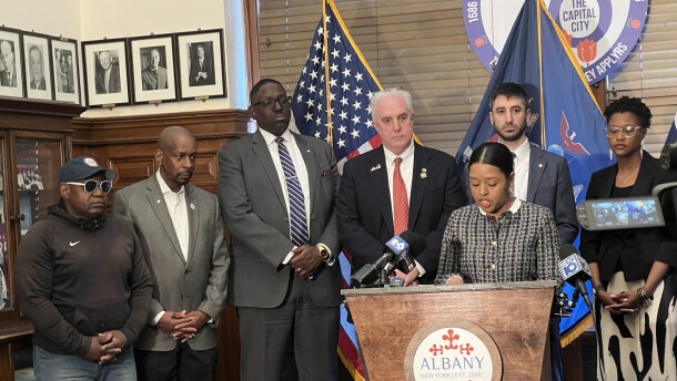 Albany Mayor Dorcey Applyrs addresses the city's 2025 budget deficit during a press conference on Friday, May 1, 2026.
